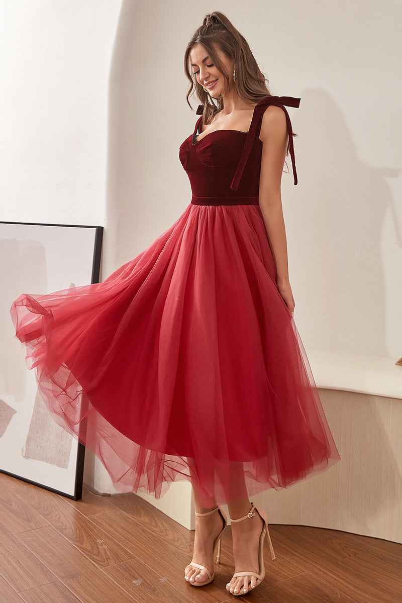 Carregar imagem no visualizador da galeria, Vestido coquetel Borgonha Tule com Bowknot