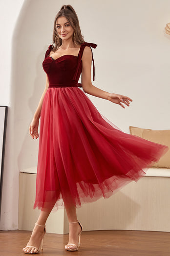 Vestido coquetel Borgonha Tule com Bowknot