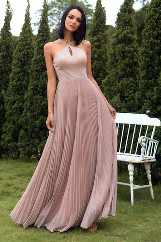Blush Halter Sparkly Prom Dress com ruffles