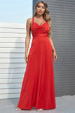 Um spaghetti de linha tiras vermelho longo vestido de baile com Cruz De Criss