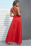 Um spaghetti de linha tiras vermelho longo vestido de baile com Cruz De Criss