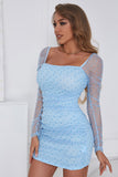Vestido de regresso a casa azul de pescoço quadrado de sheath square com mangas compridas