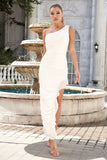 Sheath One Ombro Branco Partido Vestido Irregular Ruffles inclinados