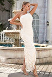 Sheath One Ombro Branco Partido Vestido Irregular Ruffles inclinados