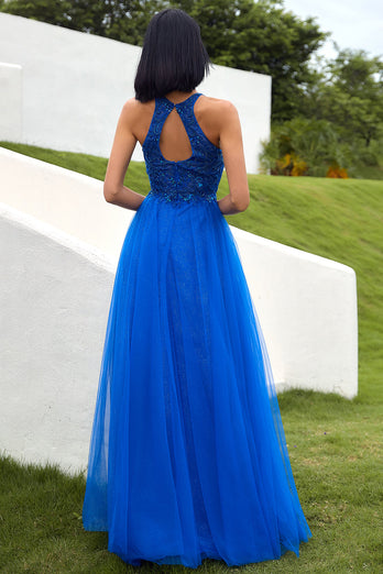 Vestido real azul tulle prom com apliques