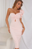 Vestido de coquetel de bodycon de ombro rosa de um ombro com folhos