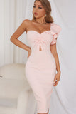 Vestido de coquetel de bodycon de ombro rosa de um ombro com folhos