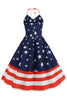 Carregar imagem no visualizador da galeria, Halter Navy Star Stripes Vintage Dress