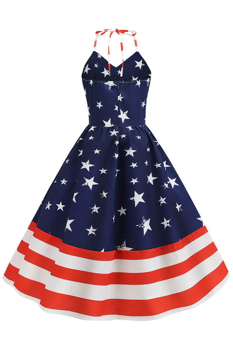 Carregar imagem no visualizador da galeria, Halter Navy Star Stripes Vintage Dress