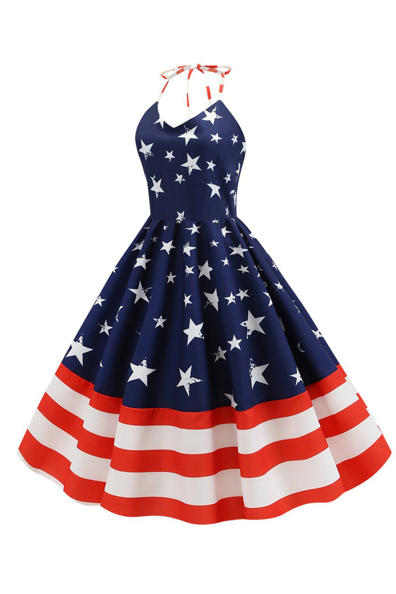 Carregar imagem no visualizador da galeria, Halter Navy Star Stripes Vintage Dress