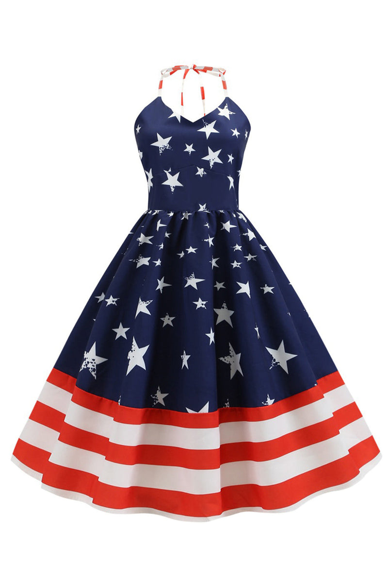 Carregar imagem no visualizador da galeria, Halter Navy Star Stripes Vintage Dress
