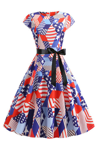 Vestido retro estampado de bandeira americana com bowknot