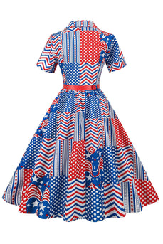 V Pescoço Bandeira Americana Imprimir Vestido Vintage