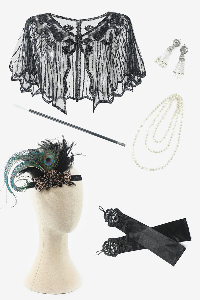 Carregar imagem no visualizador da galeria, Luvas pretas de colar de seis peças acessórios de festa de 1920
