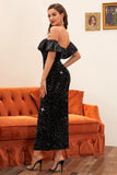 Sheath Off the Shoulder Black Prom Dress com lantejoulas
