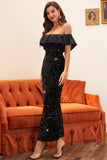 Sheath Off the Shoulder Black Prom Dress com lantejoulas