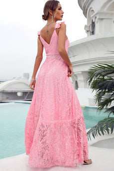 Vestido de hóspede de noiva de renda rosa longo