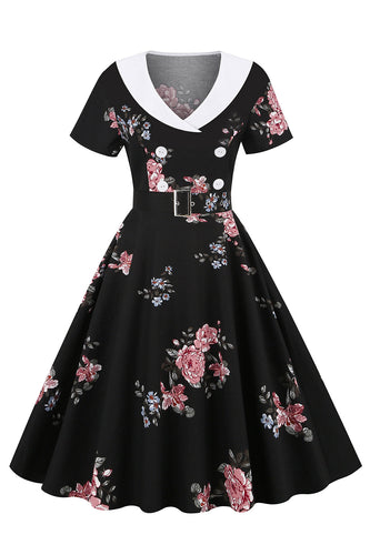 Vestido vintage estampado floral preto com cinto