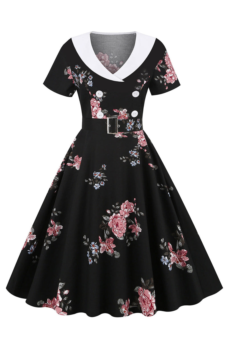 Carregar imagem no visualizador da galeria, Vestido vintage estampado floral preto com cinto