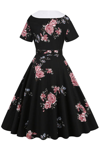 Vestido vintage estampado floral preto com cinto