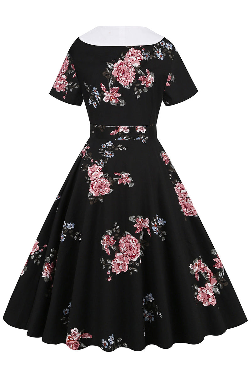 Carregar imagem no visualizador da galeria, Vestido vintage estampado floral preto com cinto