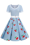 Vestido vintage impresso de cereja azul de 1950