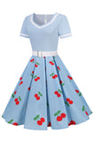 Vestido vintage impresso de cereja azul de 1950