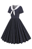 Preto e branco Polka Dots Vintage 1950s Vestido com Bowknot