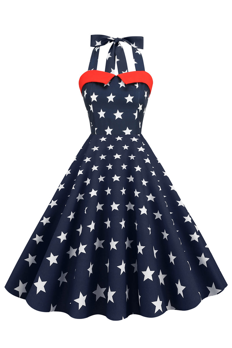 Carregar imagem no visualizador da galeria, Vestido vintage de estilo retro Halter Navy