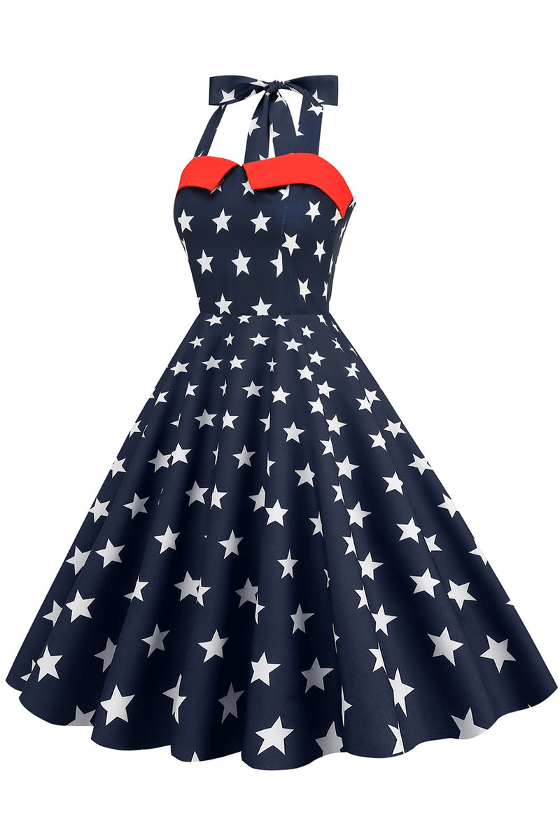 Carregar imagem no visualizador da galeria, Vestido vintage de estilo retro Halter Navy