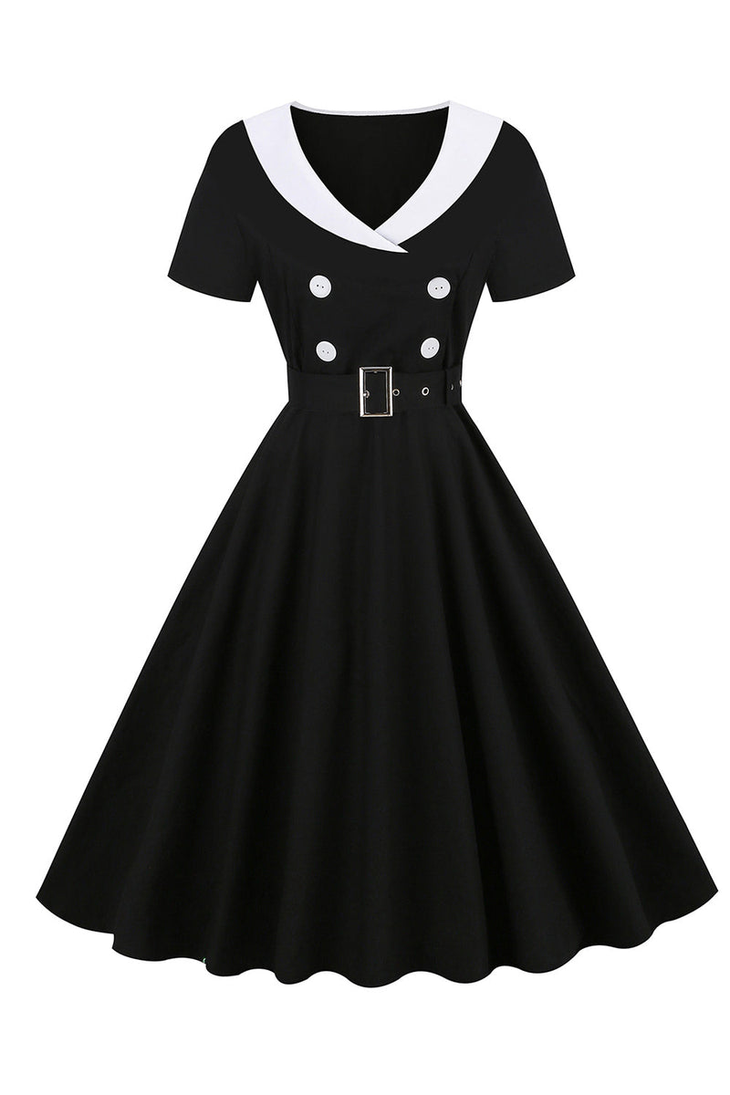 Carregar imagem no visualizador da galeria, Vestido preto de balanço dos anos 50 com cinto