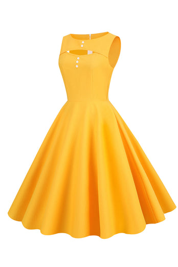Vestido retro estilo amarelo de 1950 com buraco de fechadura