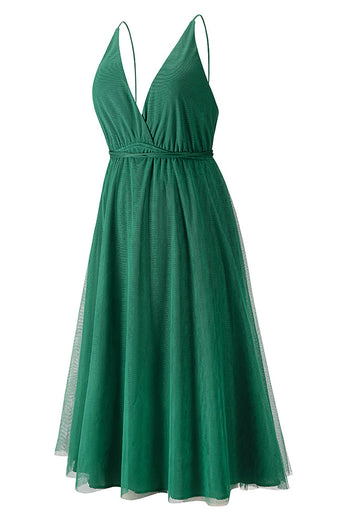 Vestido simples de festa verde v pescoço profundo