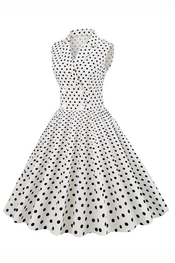 Vestido branco polka dots lapel neck 1950s