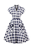 Navy Plaid Lapel Neck 1950s Dress with Pockets