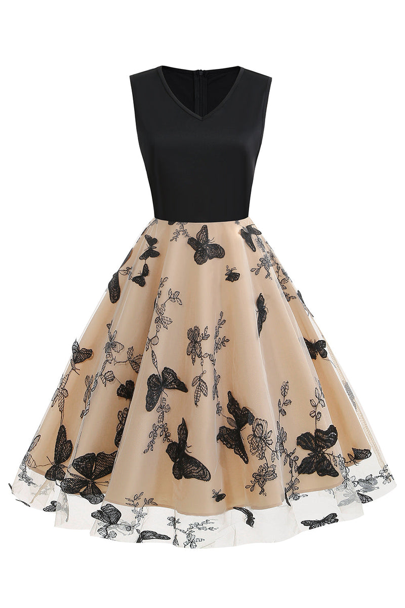 Carregar imagem no visualizador da galeria, Vestido preto V-Neck Vintage 1950s com apliques