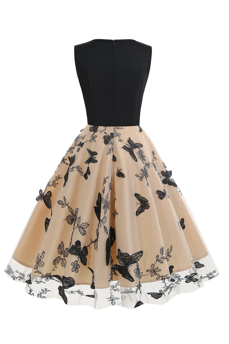 Carregar imagem no visualizador da galeria, Vestido preto V-Neck Vintage 1950s com apliques