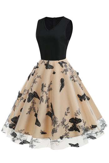 Vestido preto V-Neck Vintage 1950s com apliques