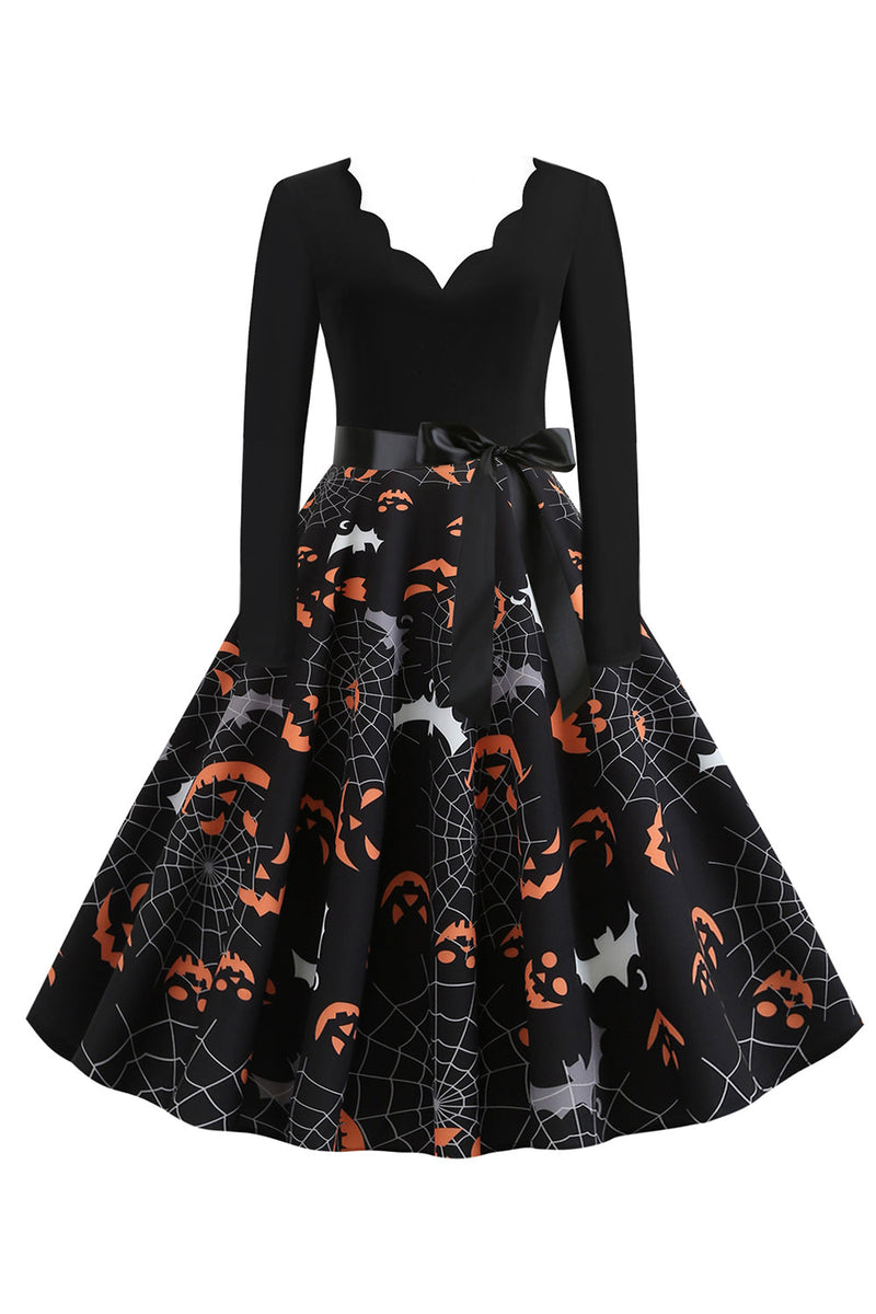 Carregar imagem no visualizador da galeria, V Pescoço Preto Halloween Vintage Dress com mangas compridas