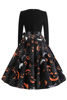 V Pescoço Preto Halloween Vintage Dress com mangas compridas