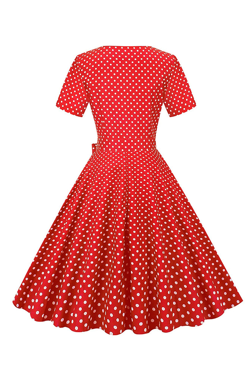 Carregar imagem no visualizador da galeria, Hepburn Red Polka Dots Imprimir vestido vintage com cinto