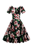Vestido vintage de pescoço de garça de impressão rosa