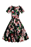 Vestido vintage de pescoço de garça de impressão rosa