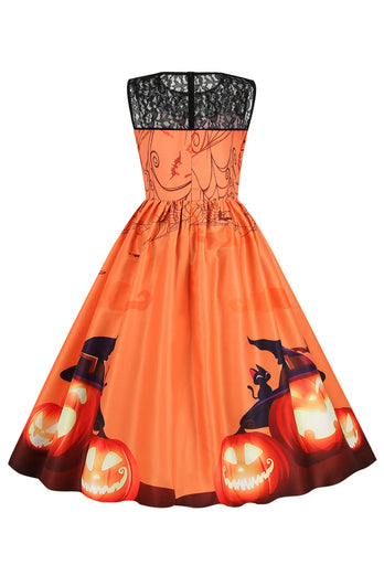Painel de renda de pescoço de tripulação vintage imprimir vestido de Halloween