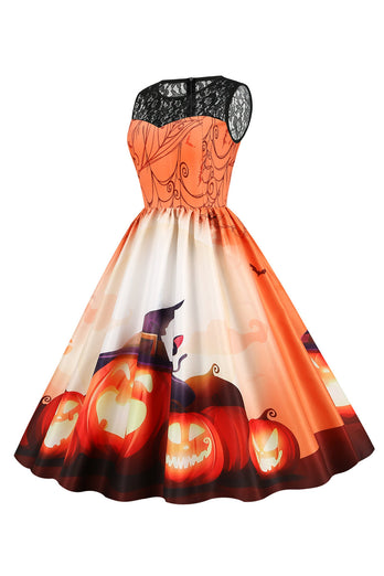 Painel de renda de pescoço de tripulação vintage imprimir vestido de Halloween