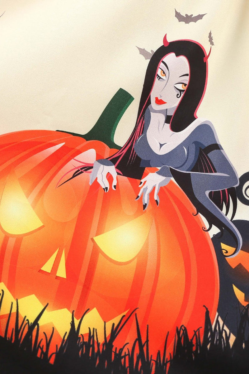 Carregar imagem no visualizador da galeria, V-Neck Manga Comprida Jack-o-lanterna Imprimir Vestido Retro de Halloween