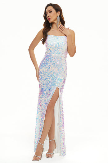 Lantejoulas Spaghetti Alças longas vestido de baile com fenda