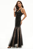 Vestido de baile de tule de lantejoulas pretas