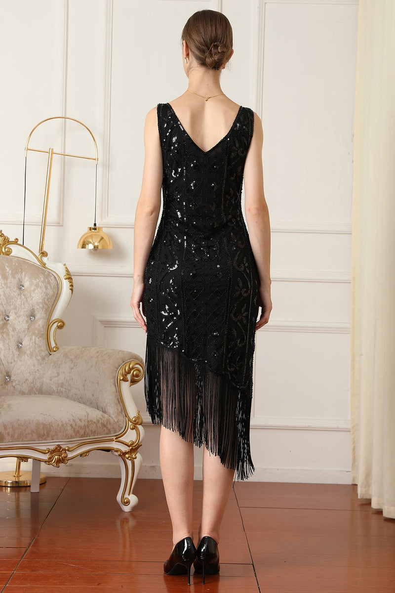 Carregar imagem no visualizador da galeria, Vestido de flapper de lantejoulas pretas de 1920 com franjas