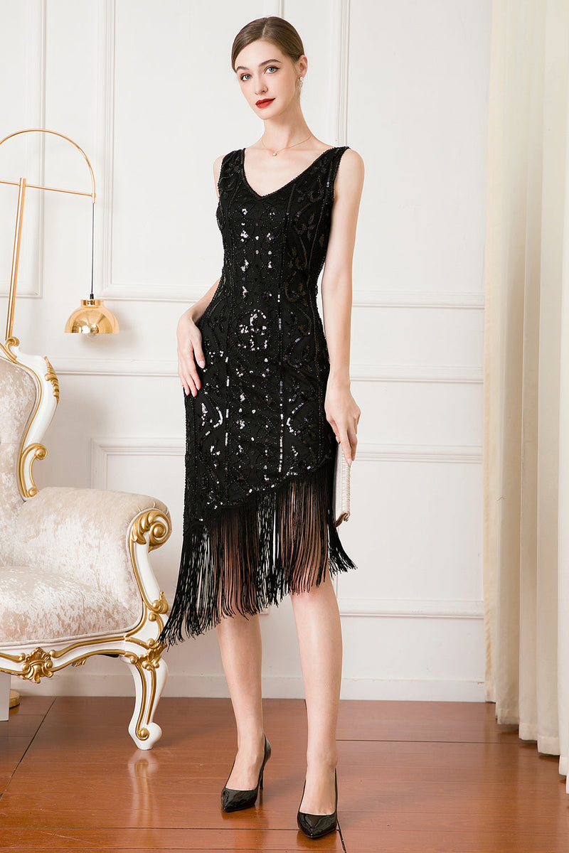 Carregar imagem no visualizador da galeria, Vestido de flapper de lantejoulas pretas de 1920 com franjas